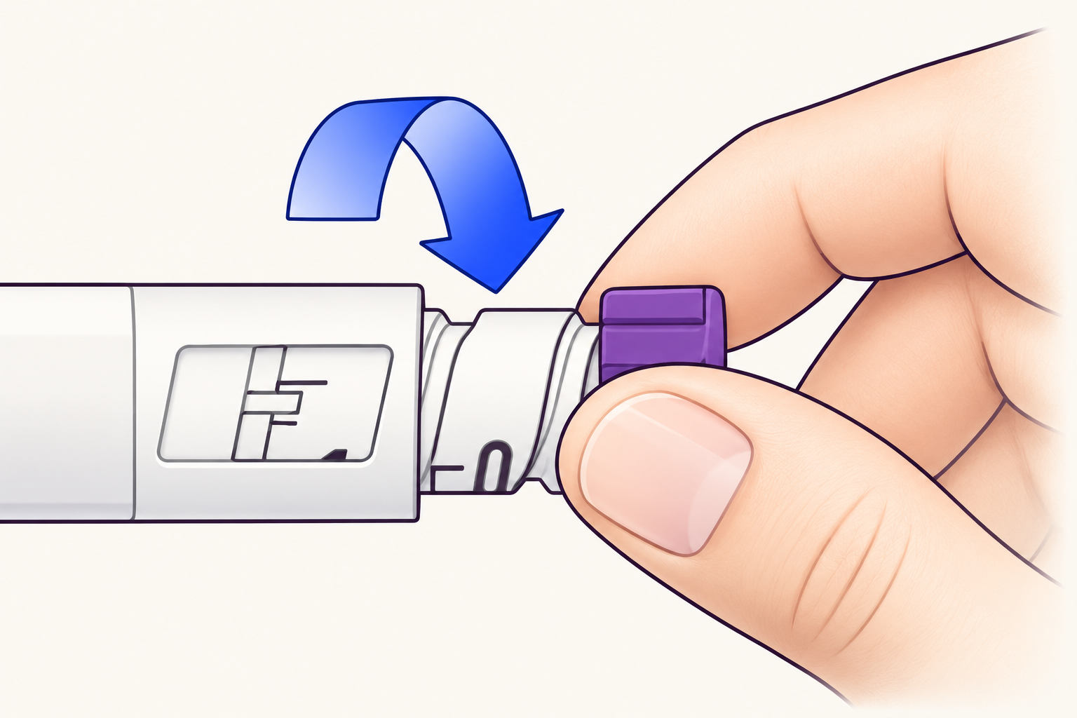 Illustration of a hand holding the purple KwikPen dose knob, with a blue arrow showing its turning motion.